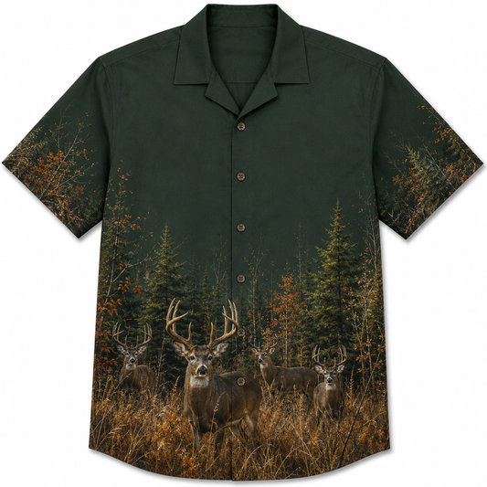 Deer Hunting Hawaiian Shirt for Men – Whitetail Buck Forest Border Print, Gift for Deer Hunters