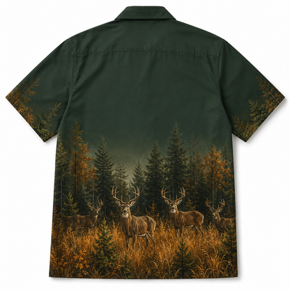 Deer Hunting Hawaiian Shirt for Men – Whitetail Buck Forest Border Print, Gift for Deer Hunters
