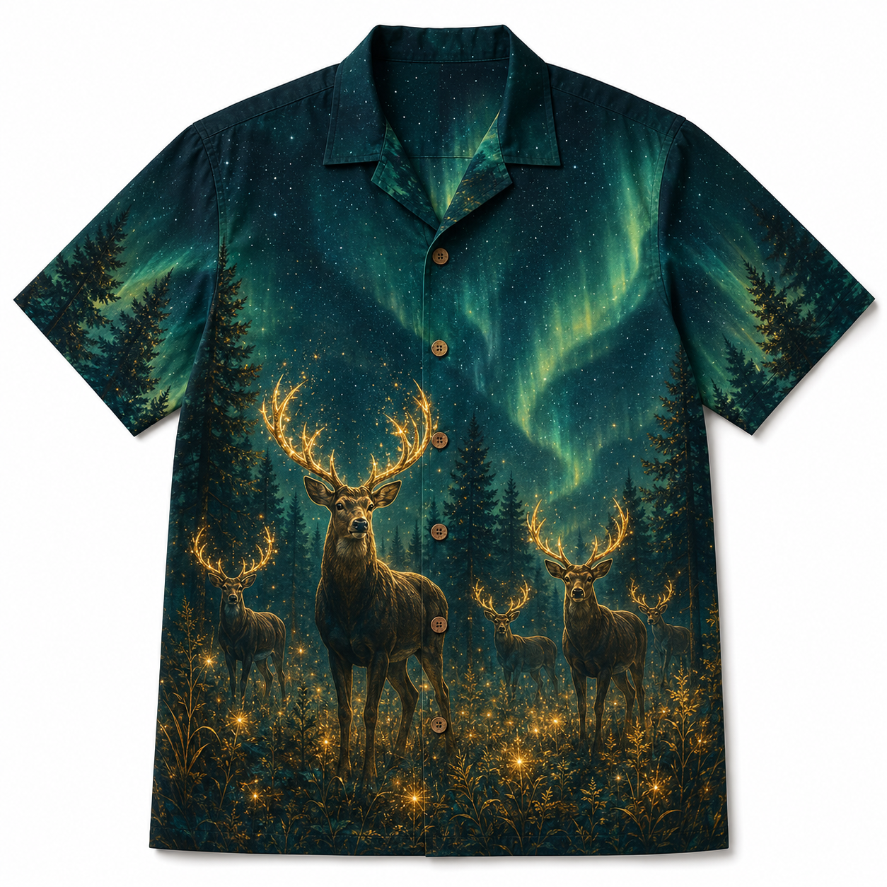 Deer Hawaiian Shirt for Men – Mystical Glowing Buck Aurora Forest Print, Magical Night Gift