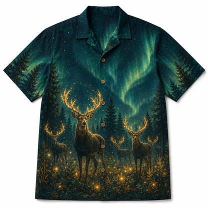 Deer Hawaiian Shirt for Men – Mystical Glowing Buck Aurora Forest Print, Magical Night Gift
