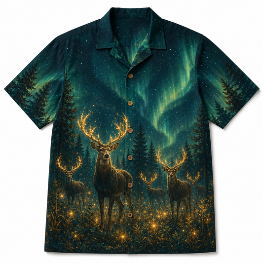 Deer Hawaiian Shirt for Men – Mystical Glowing Buck Aurora Forest Print, Magical Night Gift