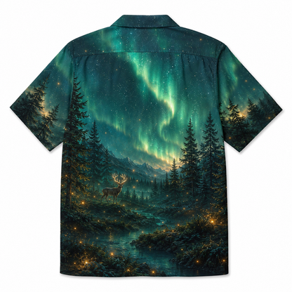 Deer Hawaiian Shirt for Men – Mystical Glowing Buck Aurora Forest Print, Magical Night Gift
