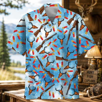 Vintage Deer Hunting Hawaiian Shirt for Men – Whitetail Buck & Hunter Print, Gift for Hunters