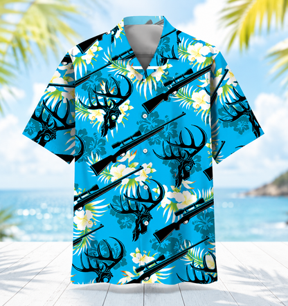 Vintage Deer Hunting Hawaiian Shirt for Men – Whitetail Buck & Hunter Print, Gift for Hunters