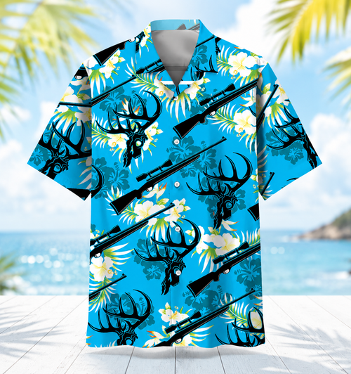 Deer Hunting Hawaiian Shirt for Men – Deer Skull, Rifle & Tropical Floral Print, Gift for Hunters