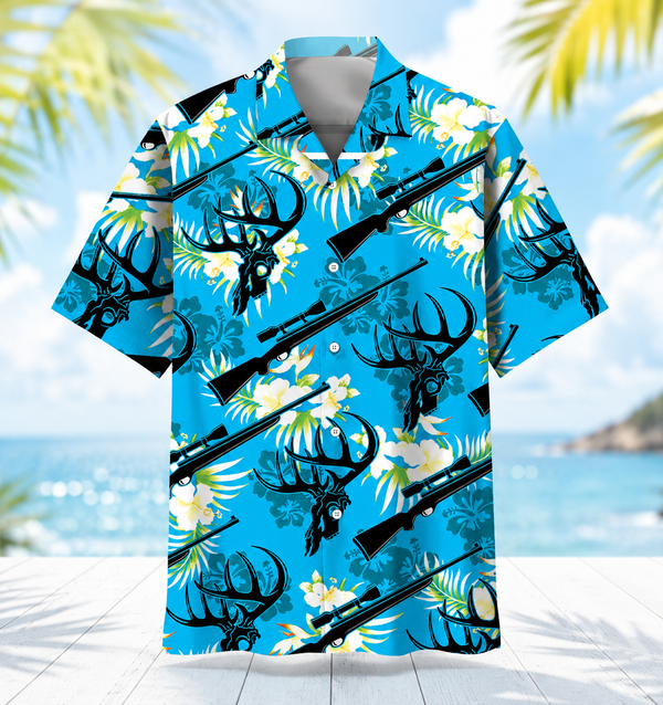 Deer Hunting Hawaiian Shirt for Men – Deer Skull, Rifle & Tropical Floral Print, Gift for Hunters