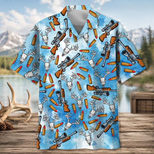 Deer Hunting Hawaiian Shirt for Men – Deer Skull, Rifle & Bullets Print, Gift for Hunters