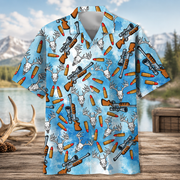 Deer Hunting Hawaiian Shirt for Men – Deer Skull, Rifle & Bullets Print, Gift for Hunters