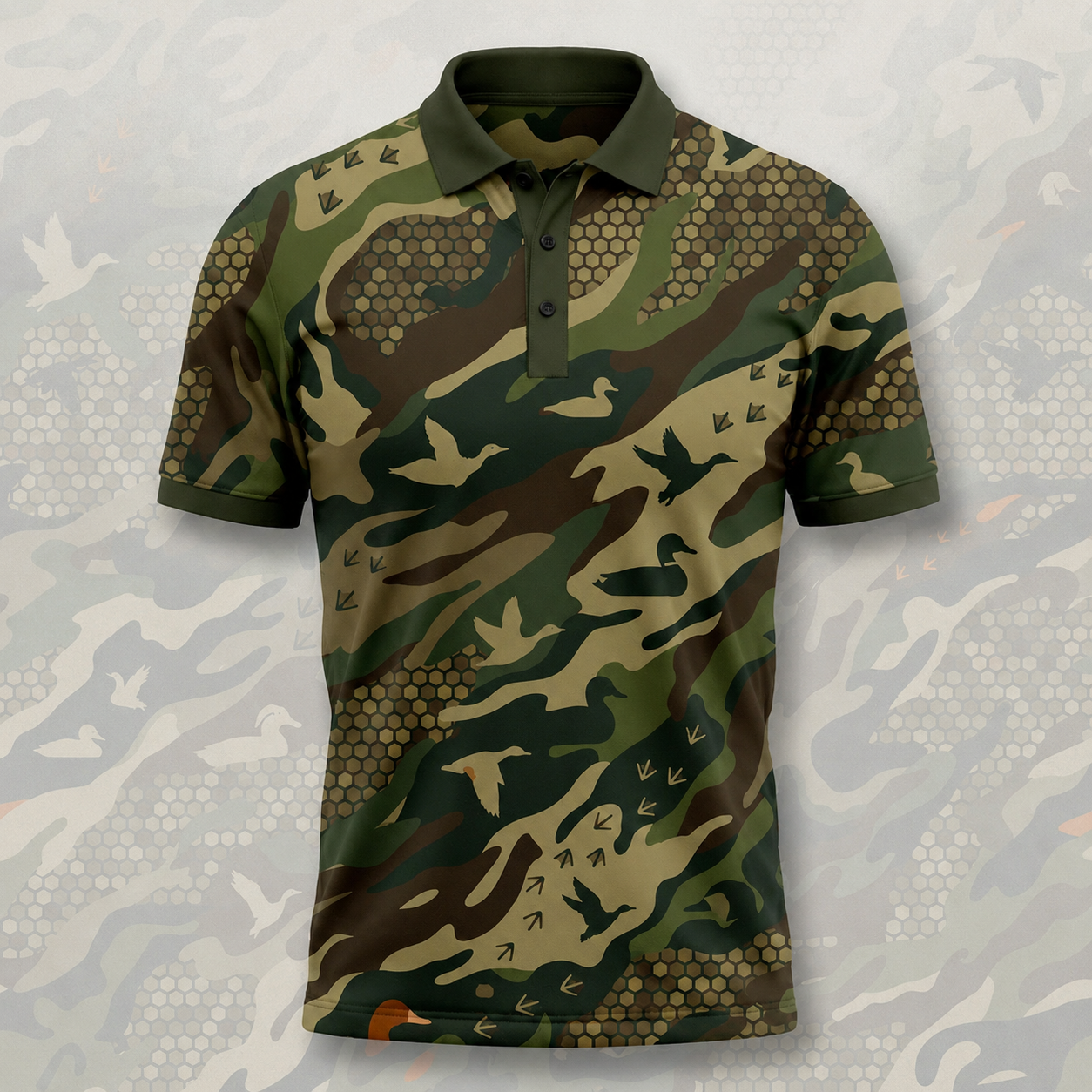 Duck Hunting Camo Polo Shirt – Flying Mallard Pattern Hunting Apparel for Men
