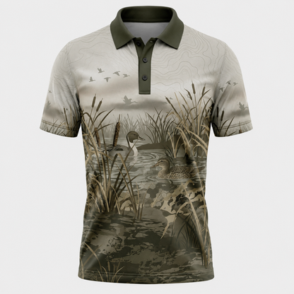 Mens Duck Hunting Polo Shirt – Marsh Wetland Scenic Golf Polo