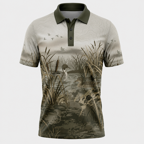 Mens Duck Hunting Polo Shirt – Marsh Wetland Scenic Golf Polo