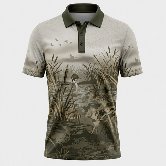 Mens Duck Hunting Polo Shirt – Marsh Wetland Scenic Golf Polo