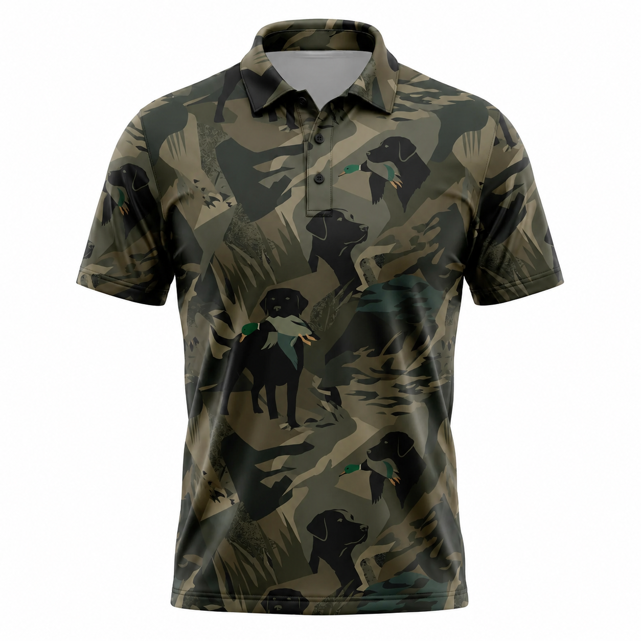 Mens Hunting Dog Polo Shirt – Black Lab Camo Golf Polo