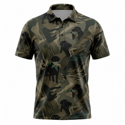 Mens Hunting Dog Polo Shirt – Black Lab Camo Golf Polo