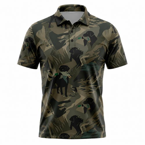 Mens Hunting Dog Polo Shirt – Black Lab Camo Golf Polo