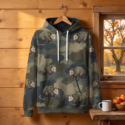 Possum Hunting Camo Hoodie – Opossum Woodland Camouflage All-Over Print Unisex Pullover, Hunter Gift