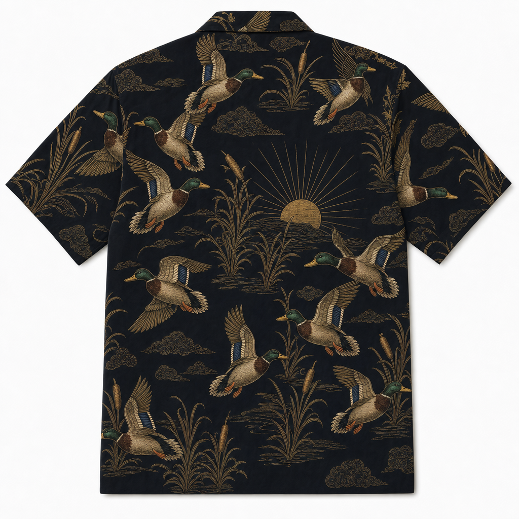 Mallard Duck Hunting Hawaiian Shirt — Black Button-Up Camp Collar