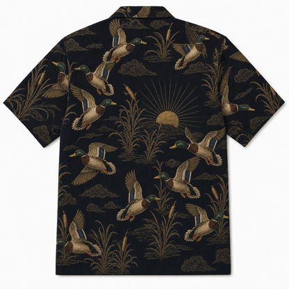 Mallard Duck Hunting Hawaiian Shirt — Black Button-Up Camp Collar