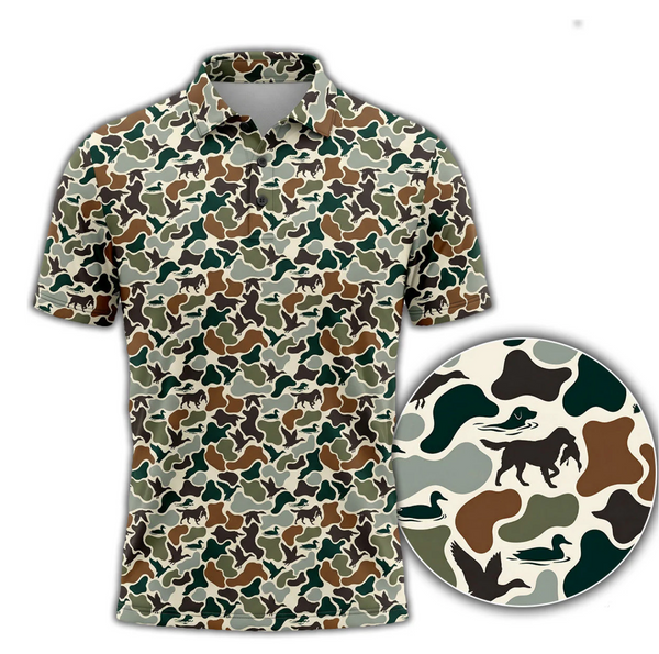 Duck Hunting Camo Polo Shirt for Men – Retriever Print Golf Polo, Gift for Hunters
