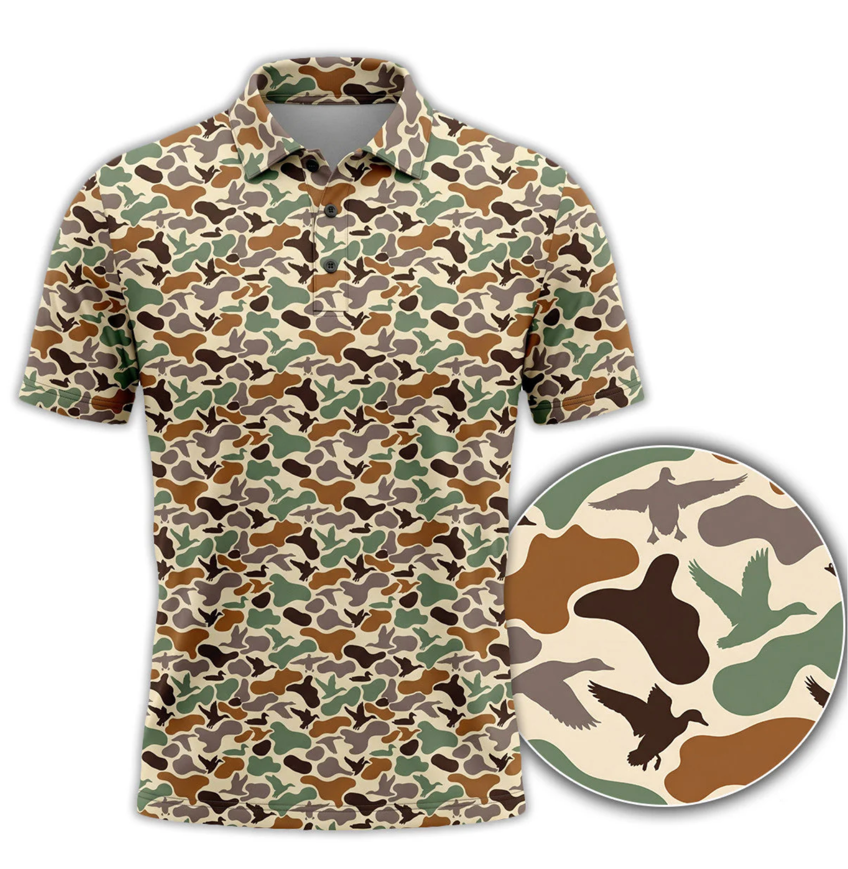 Duck Hunting Camo Polo Shirt for Men, Flying Duck Camouflage Print, Golf Polo Shirt, Gift for Duck Hunters & Waterfowl Lovers