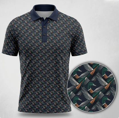 Duck Hunting Camo Polo Shirt for Men, Flying Duck Camouflage Print, Golf Polo Shirt, Gift for Duck Hunters & Waterfowl Lovers