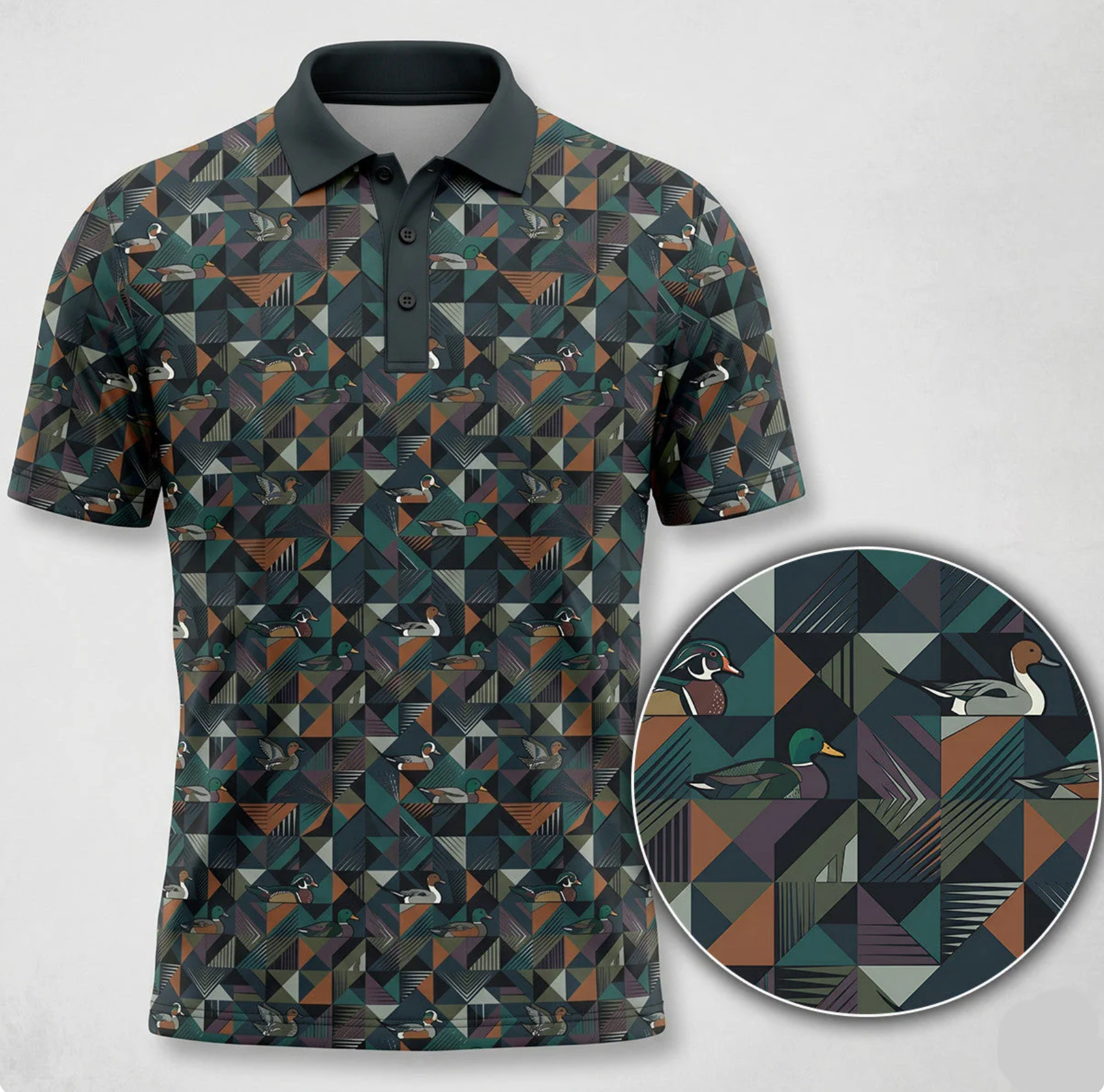 Duck Hunting Camo Polo Shirt for Men, Flying Duck Camouflage Print, Golf Polo Shirt, Gift for Duck Hunters & Waterfowl Lovers