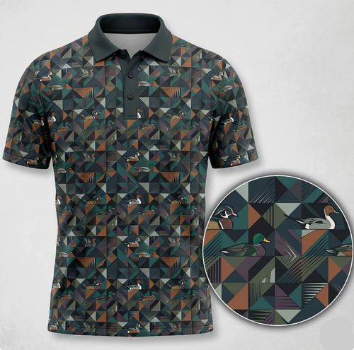 Duck Species Golf Polo Shirt for Men – Geometric Waterfowl Print, Gift for Hunters & Golfers