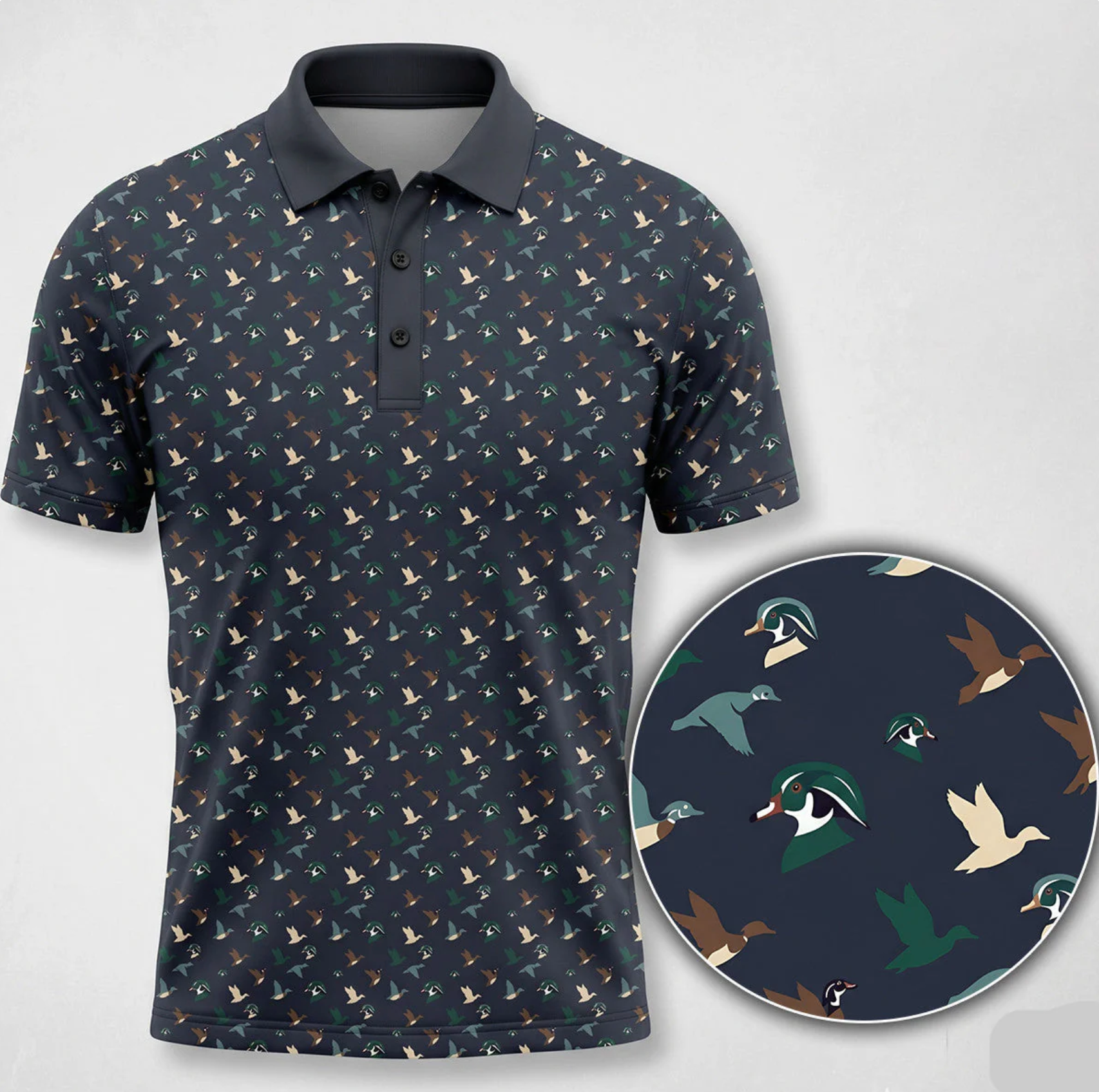 Duck Hunting Camo Polo Shirt for Men, Flying Duck Camouflage Print, Golf Polo Shirt, Gift for Duck Hunters & Waterfowl Lovers