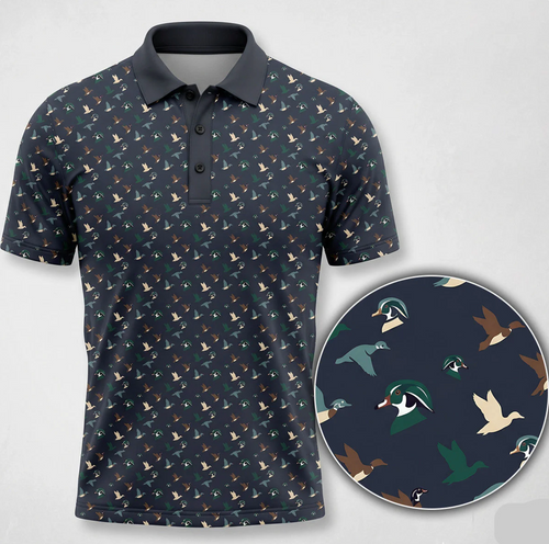 Flying Duck Golf Polo Shirt for Men – Navy Waterfowl Print, Gift for Hunters & Golfers