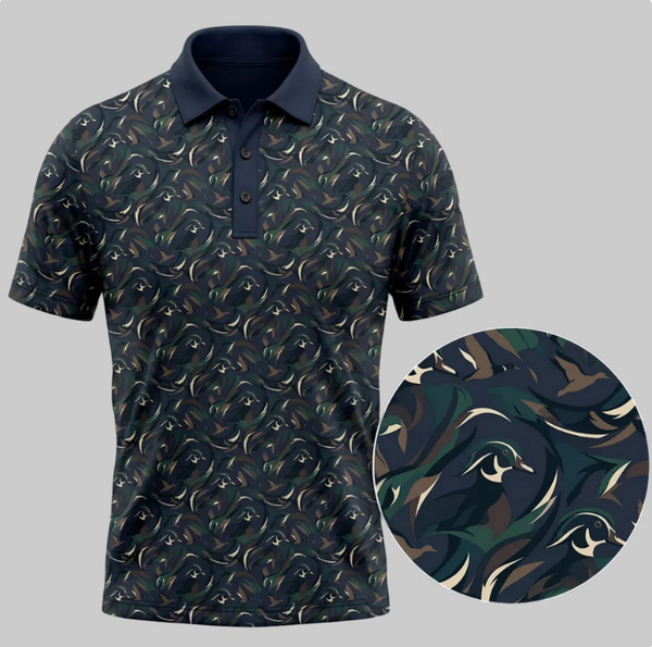 Duck Camo Golf Polo Shirt for Men – Wood Duck Swirl Print, Gift for Hunters & Golfers