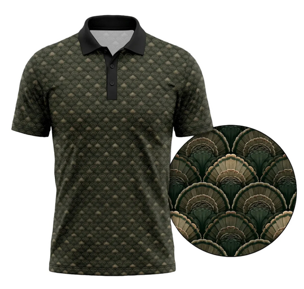 Turkey Feather Golf Polo Shirt for Men – Turkey Fan Print, Gift for Hunters & Golfers